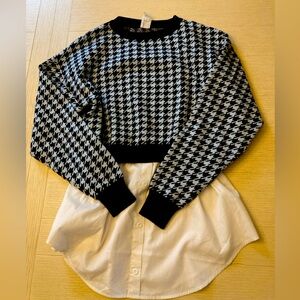 Joie Blue & Black Houndstooth Faux Layered Long Sleeve Sweater Shirt - M